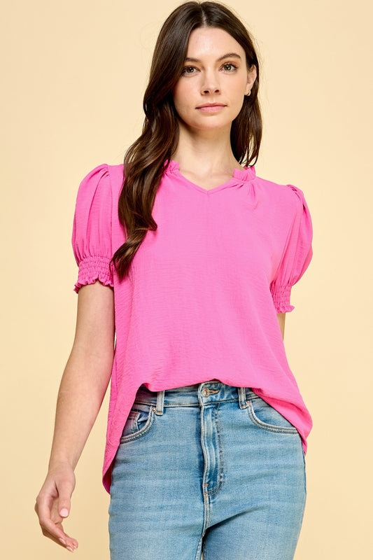 Solid Top Ruffled V Neck With Smocked Sleeves