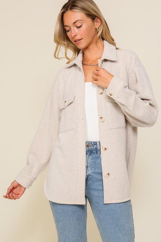 LONG SLEEVE BUTTON DOWN BRUSHED WAFFLE SHACKET