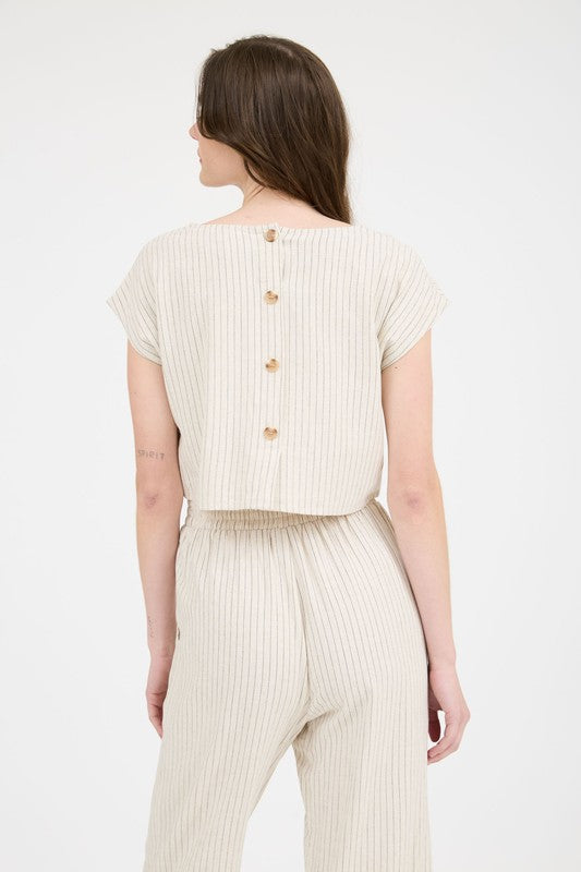 Back Button Short Sleeve Linen Top
