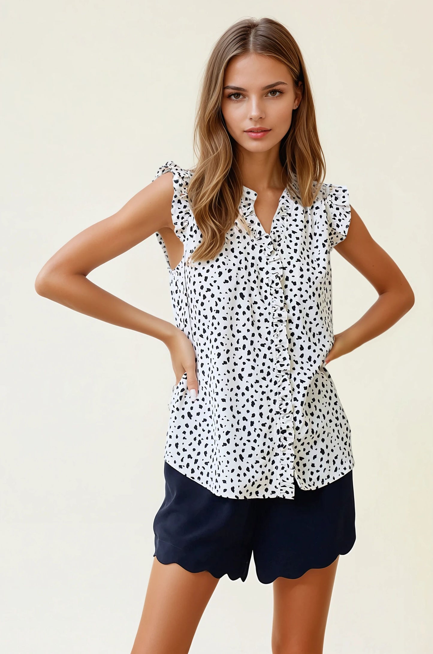 Smocked Print Frilled Top