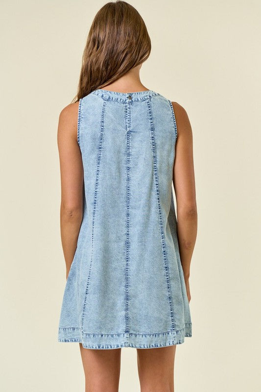 Chambray Round Neck Mini Dress