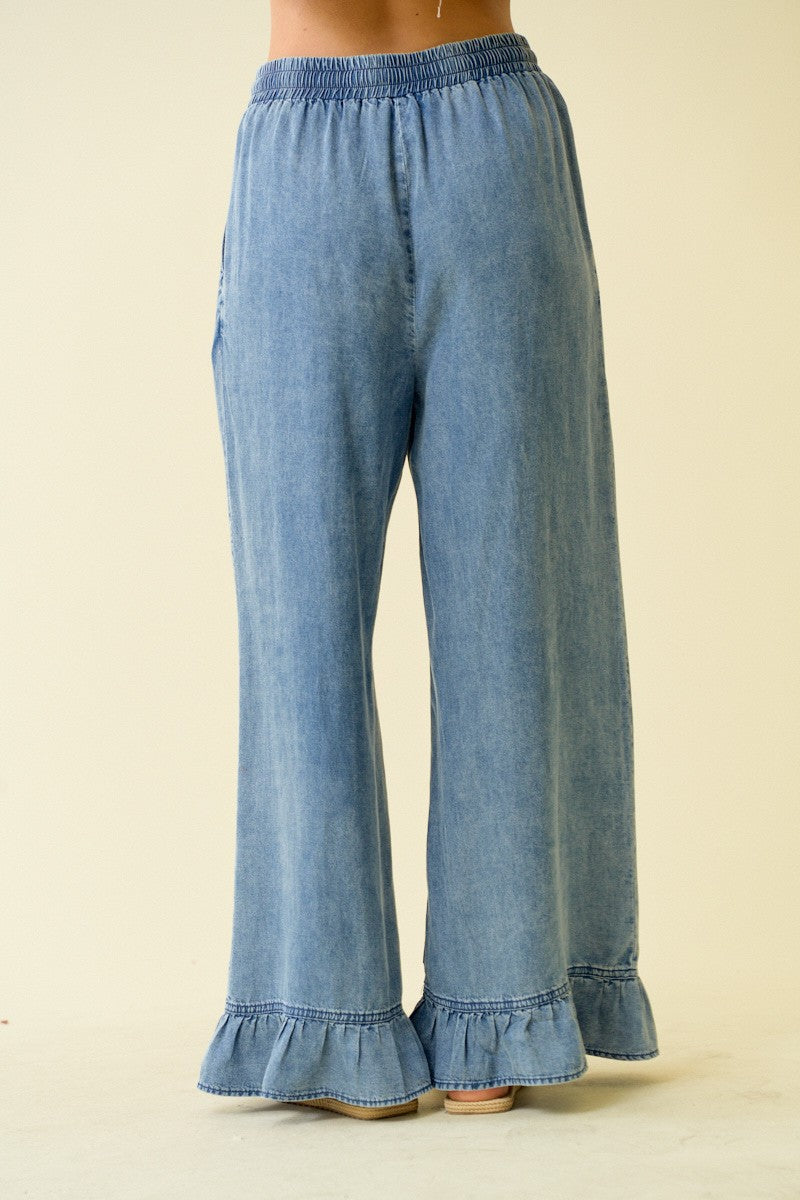 Denim Ruffle Bottom Wide Leg Pants