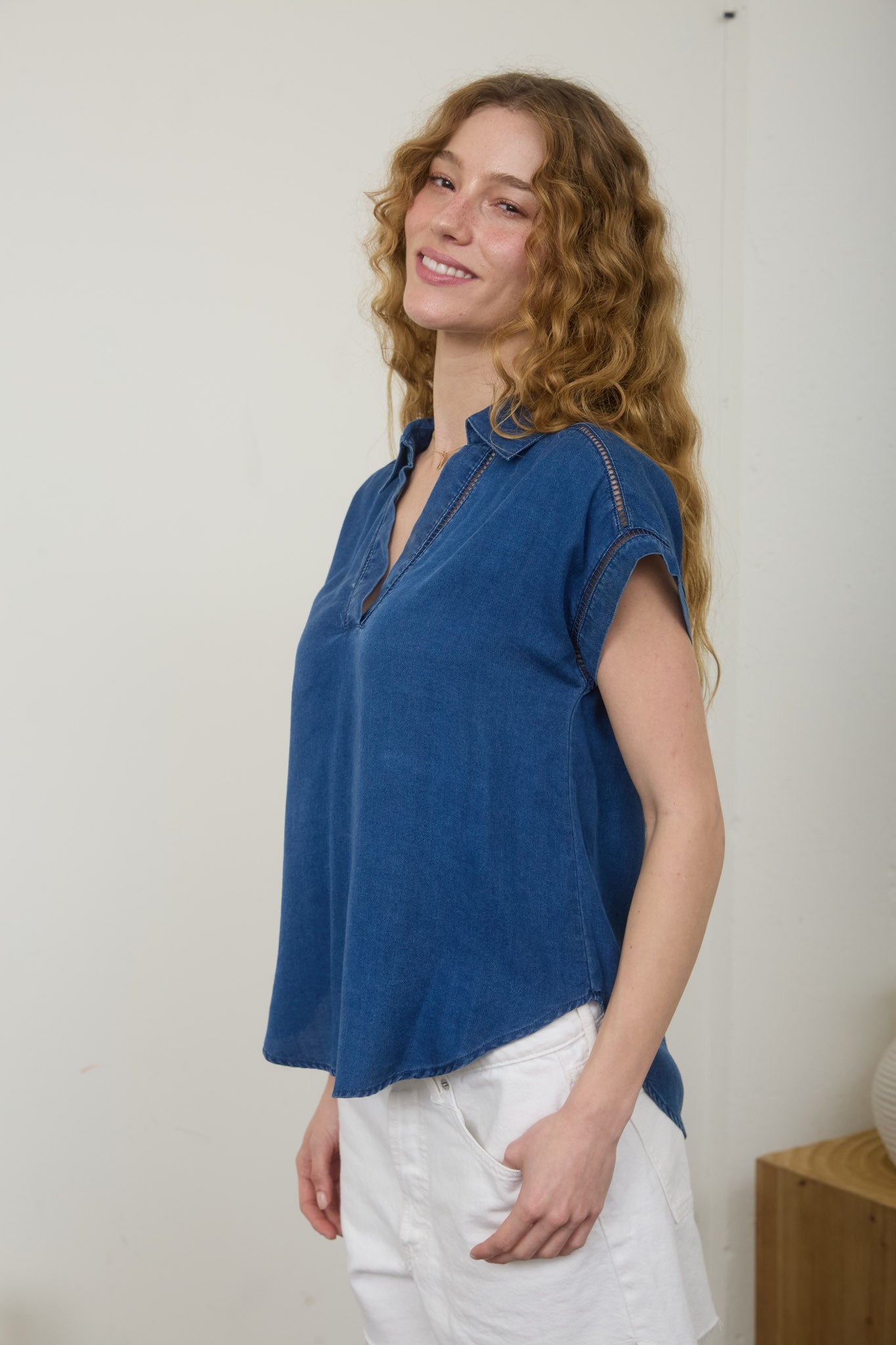 Collard V Neck Denim Shirt