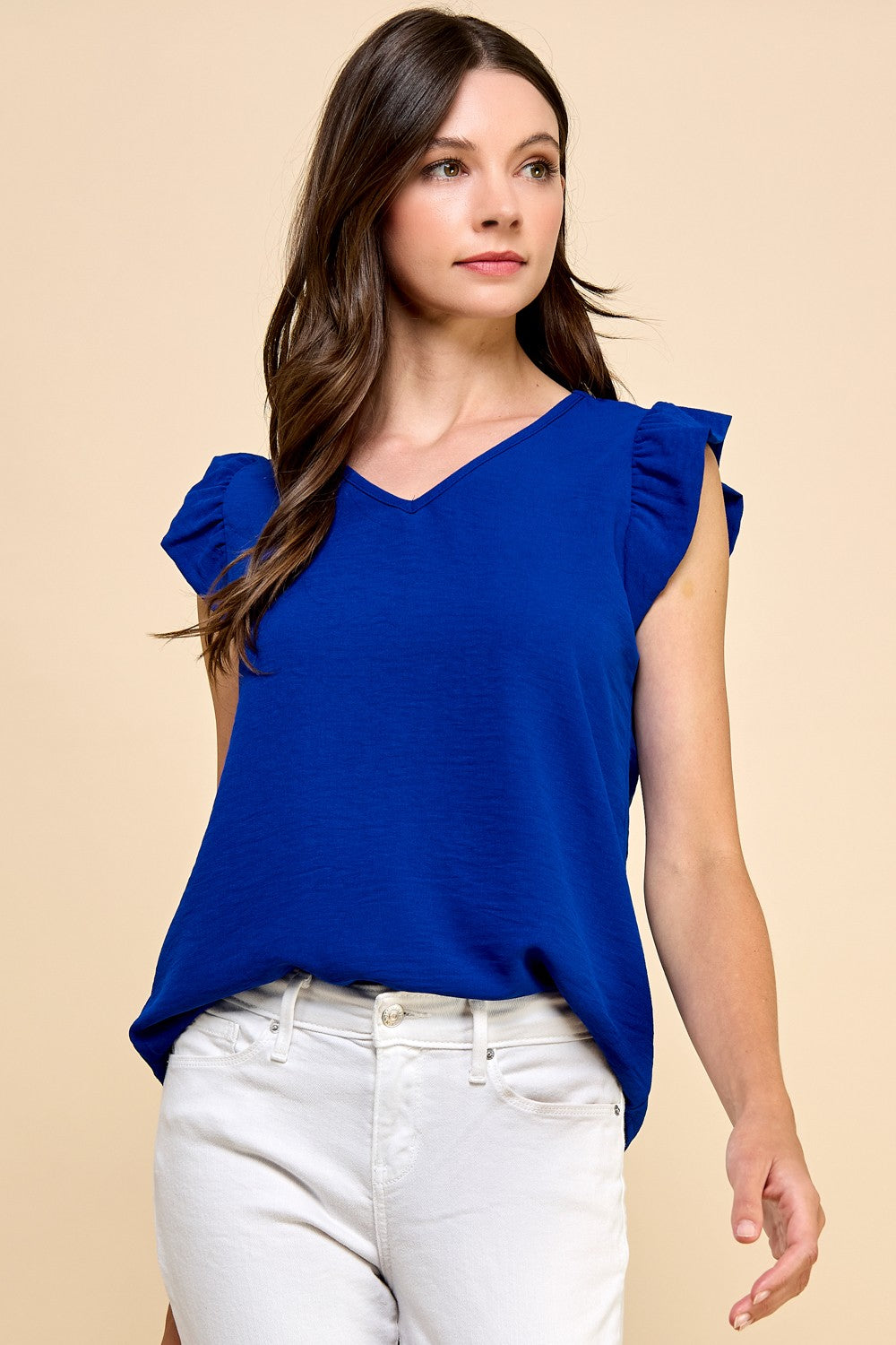 Solid V Neck Detail And Ruffled Sleeves top