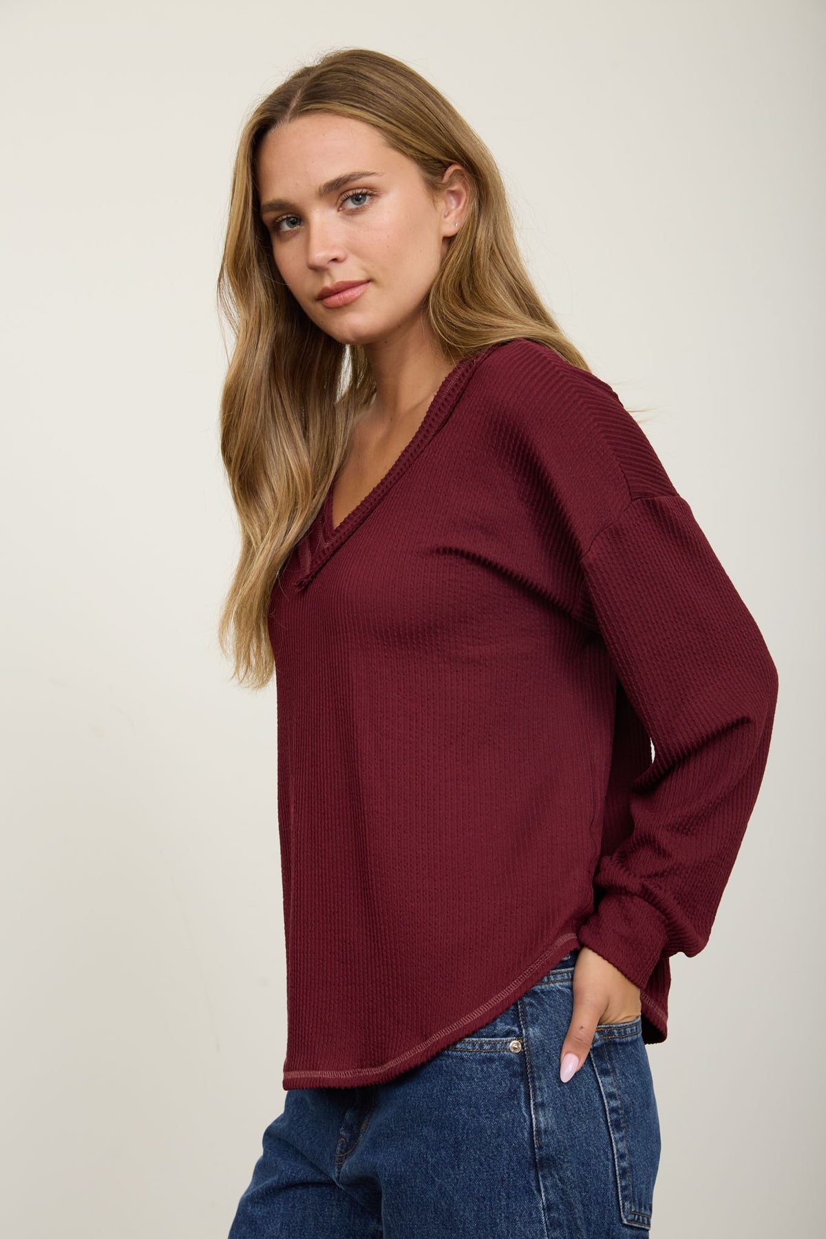 Raw Edge V-neck Knit Top
