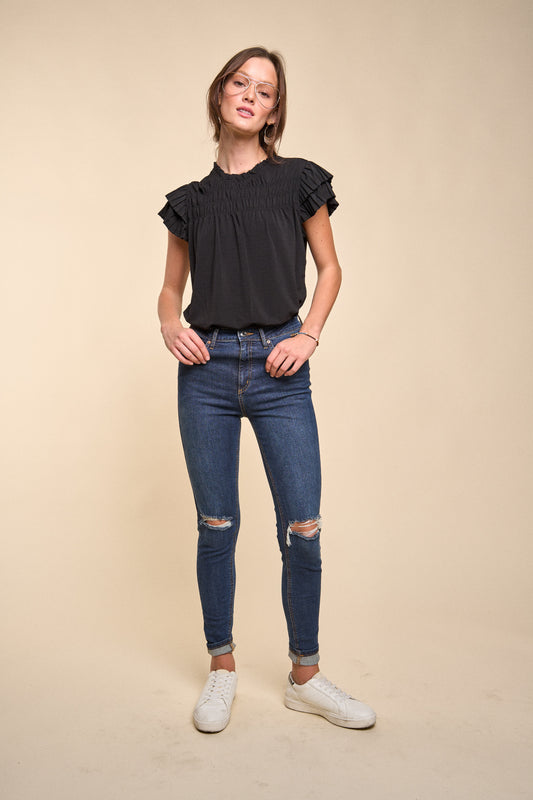 Tiered Black Short Sleeve Blouse