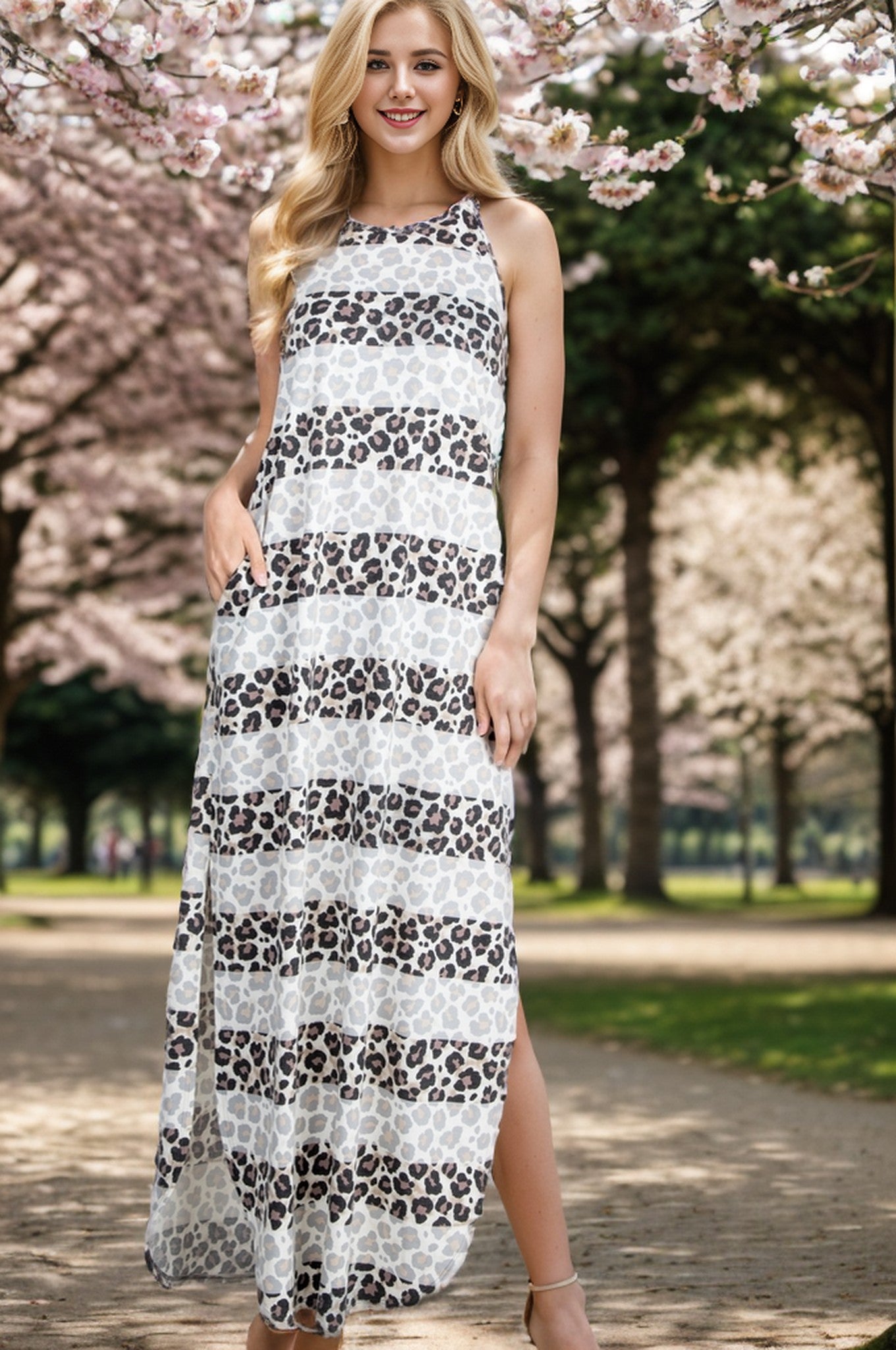 Leopard Maxi Dress With Side Slit And Pocket