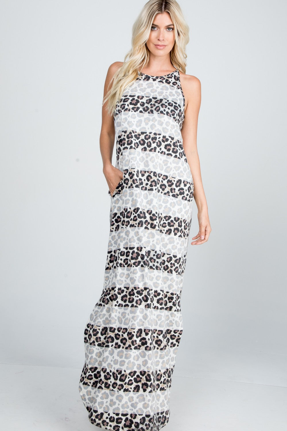 Leopard Maxi Dress With Side Slit And Pocket