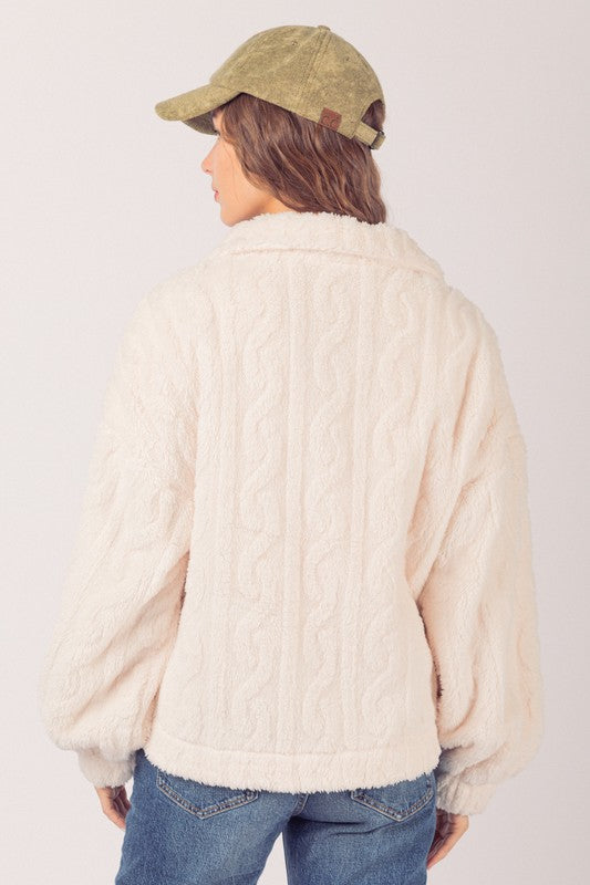 Cream Cable Pattern Soft Fleece Fur Shacket Jacket