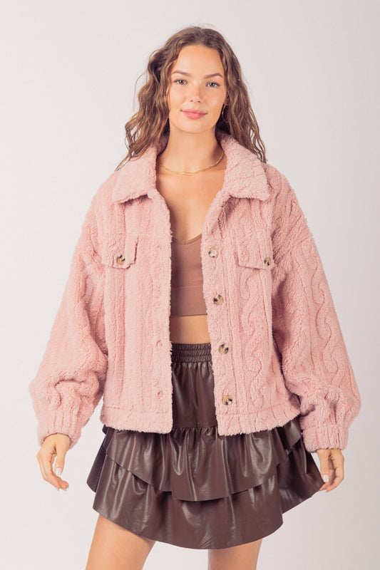 Blush Cable Pattern Soft Fleece Fur Shacket Jacket