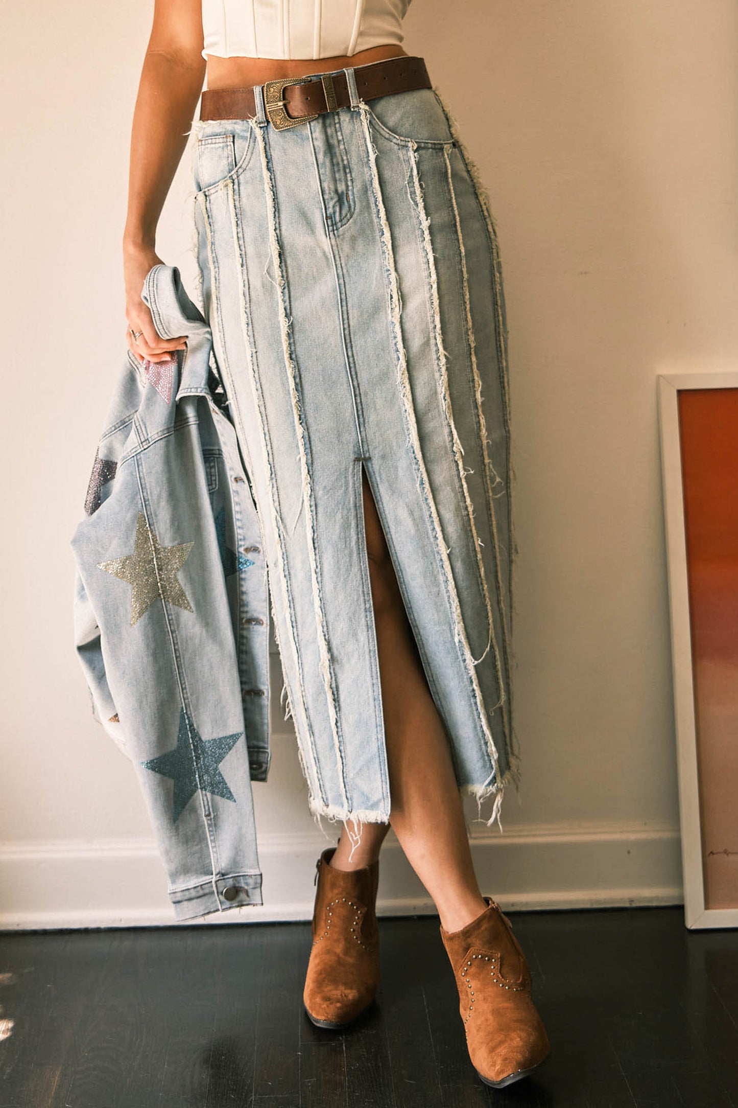 DISTRESSED DENIM MAXI SKIRT