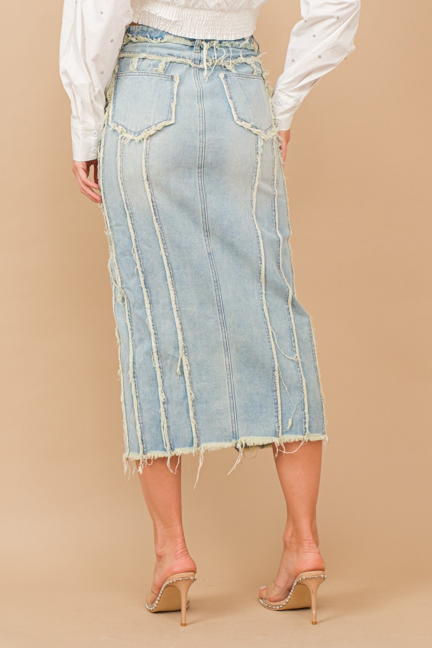 DISTRESSED DENIM MAXI SKIRT