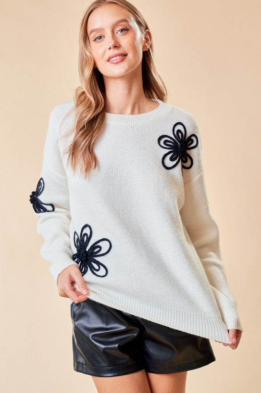 FLOWER EMBROIDERY MOCK NECK SWEATER