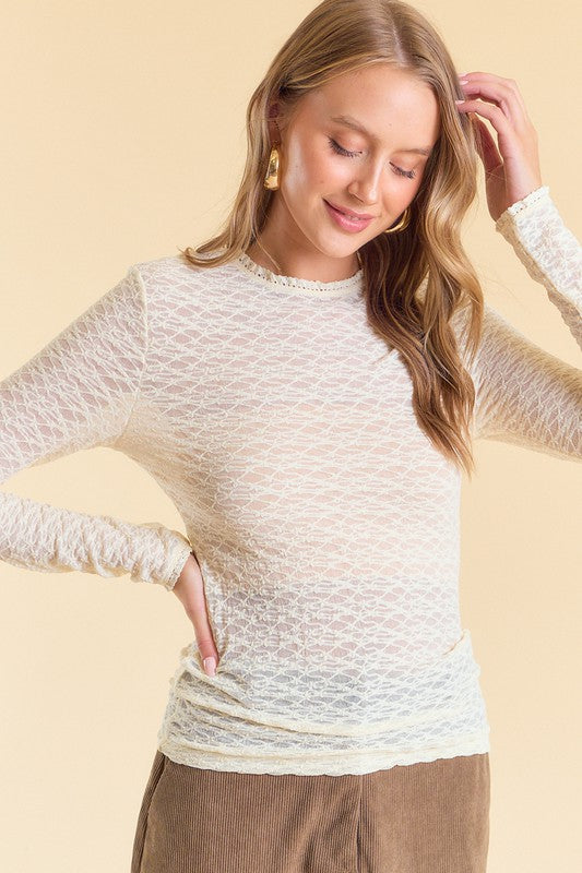 SEE THROUGH TEXTURED STRETCH KNIT TOP