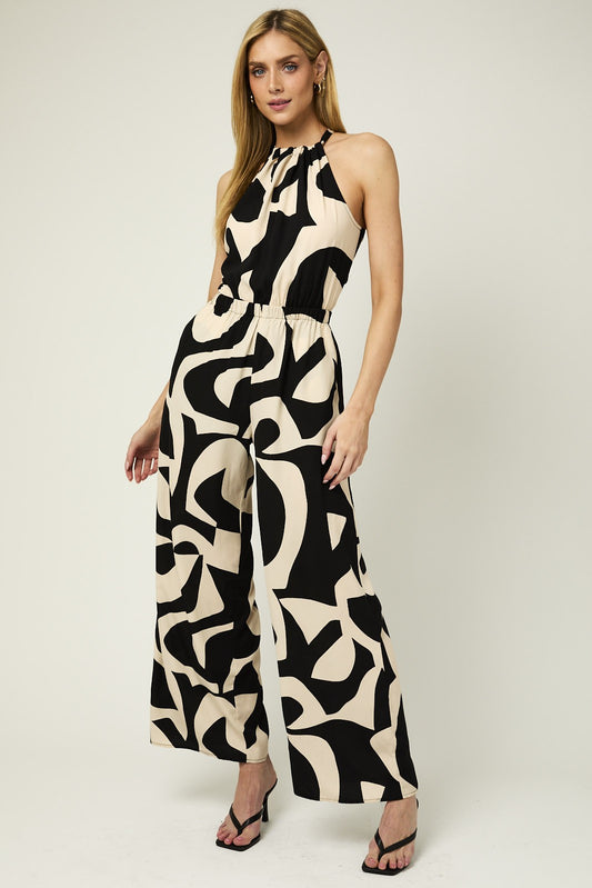 HALTER NECK ABSTRACT JUMPSUIT