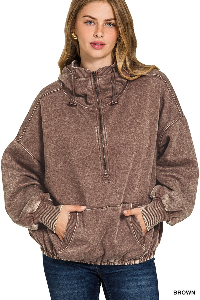 Washed Drawstring Half Zip Hoodie