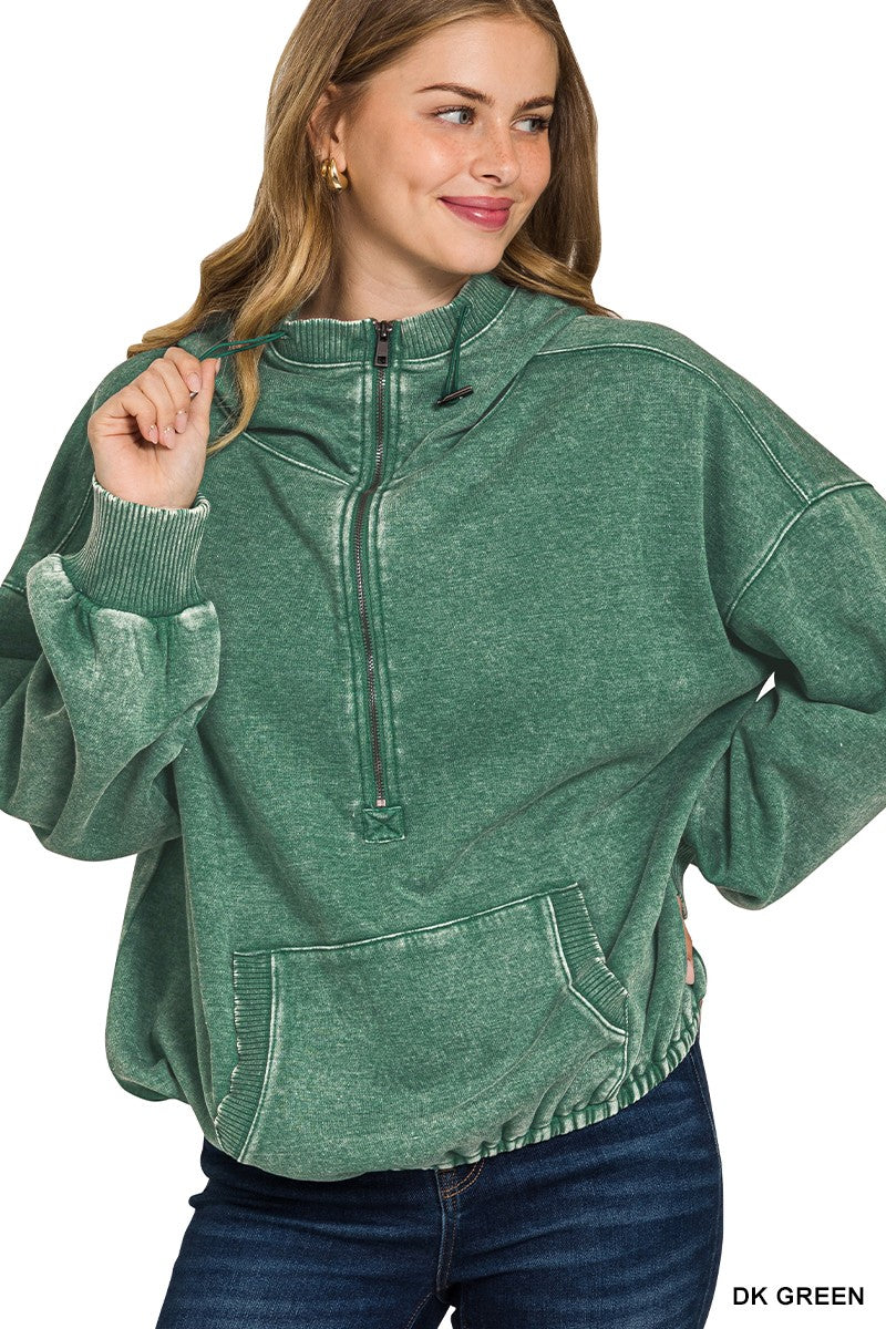 Washed Drawstring Half Zip Hoodie