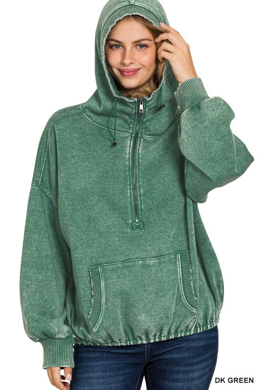Washed Drawstring Half Zip Hoodie