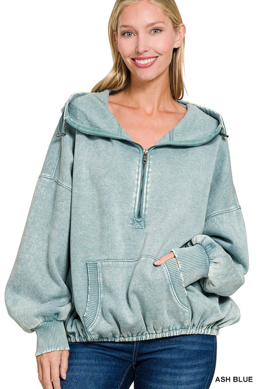 Washed Drawstring Half Zip Hoodie
