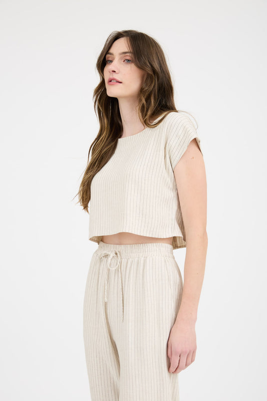 Back Button Short Sleeve Linen Top