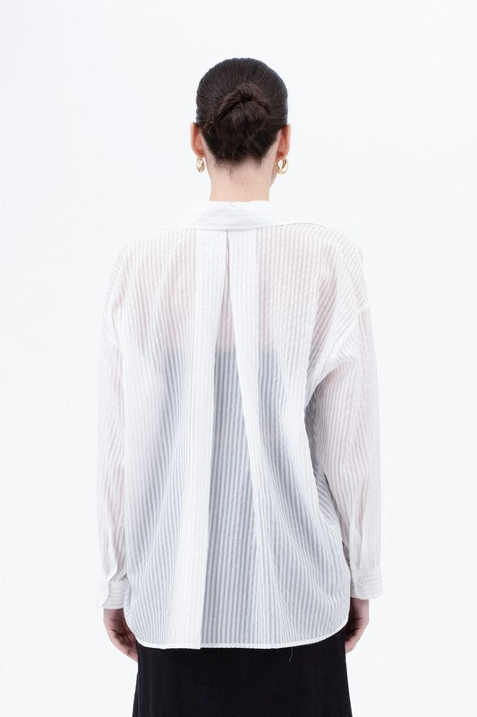Stripe Sheer Oversized Collared Button Down Shirt
