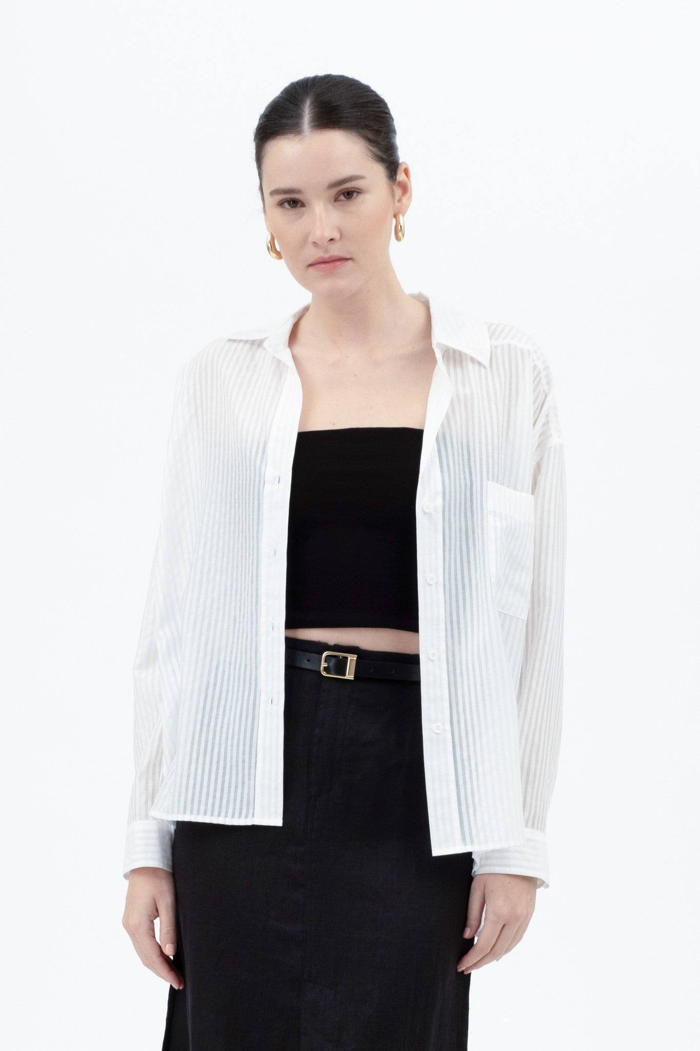 Stripe Sheer Oversized Collared Button Down Shirt