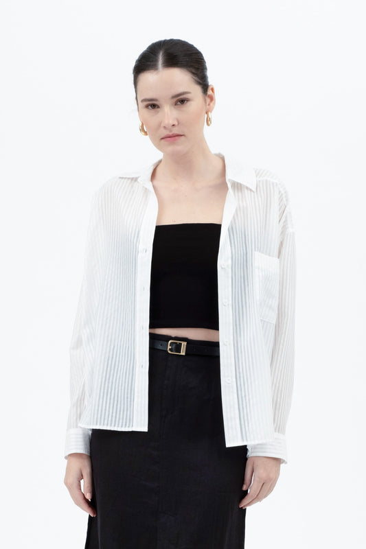 Stripe Sheer Oversized Collared Button Down Shirt