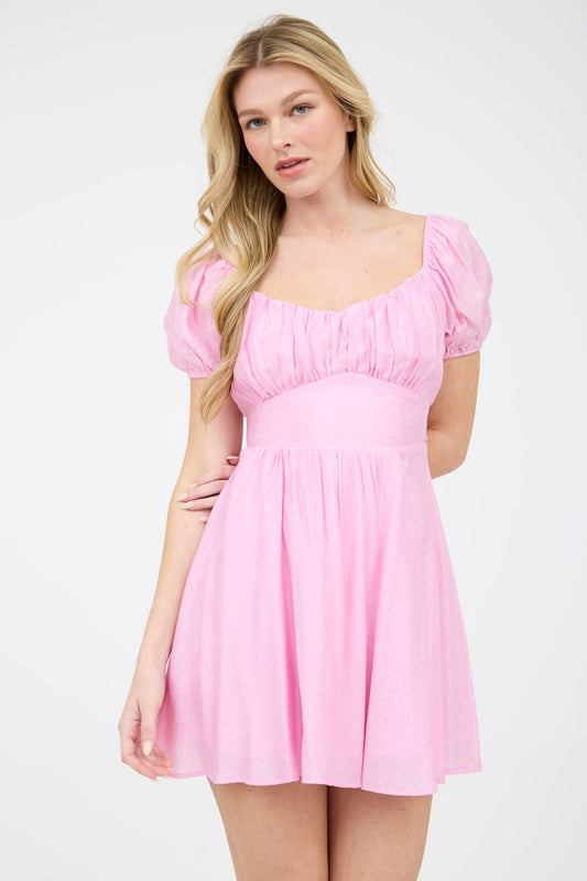 Corset Detail Back Tie Puff Sleeve Mini Dress