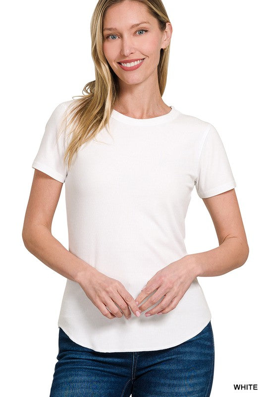 Ribbed Curve Hem Round-Neck Tee