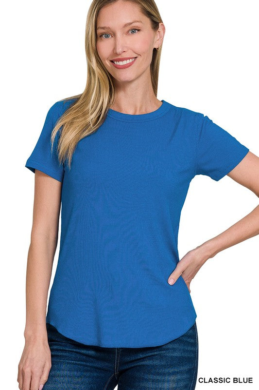 Ribbed Curve Hem Round-Neck Tee