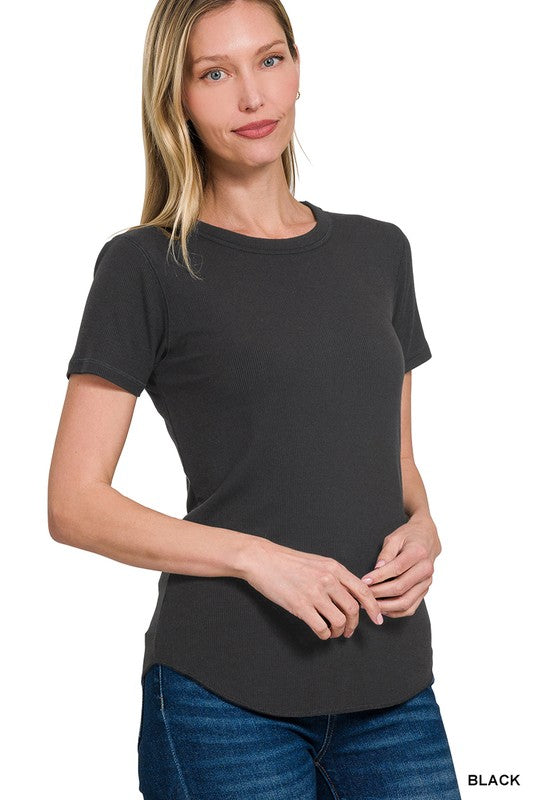 Ribbed Curve Hem Round-Neck Tee