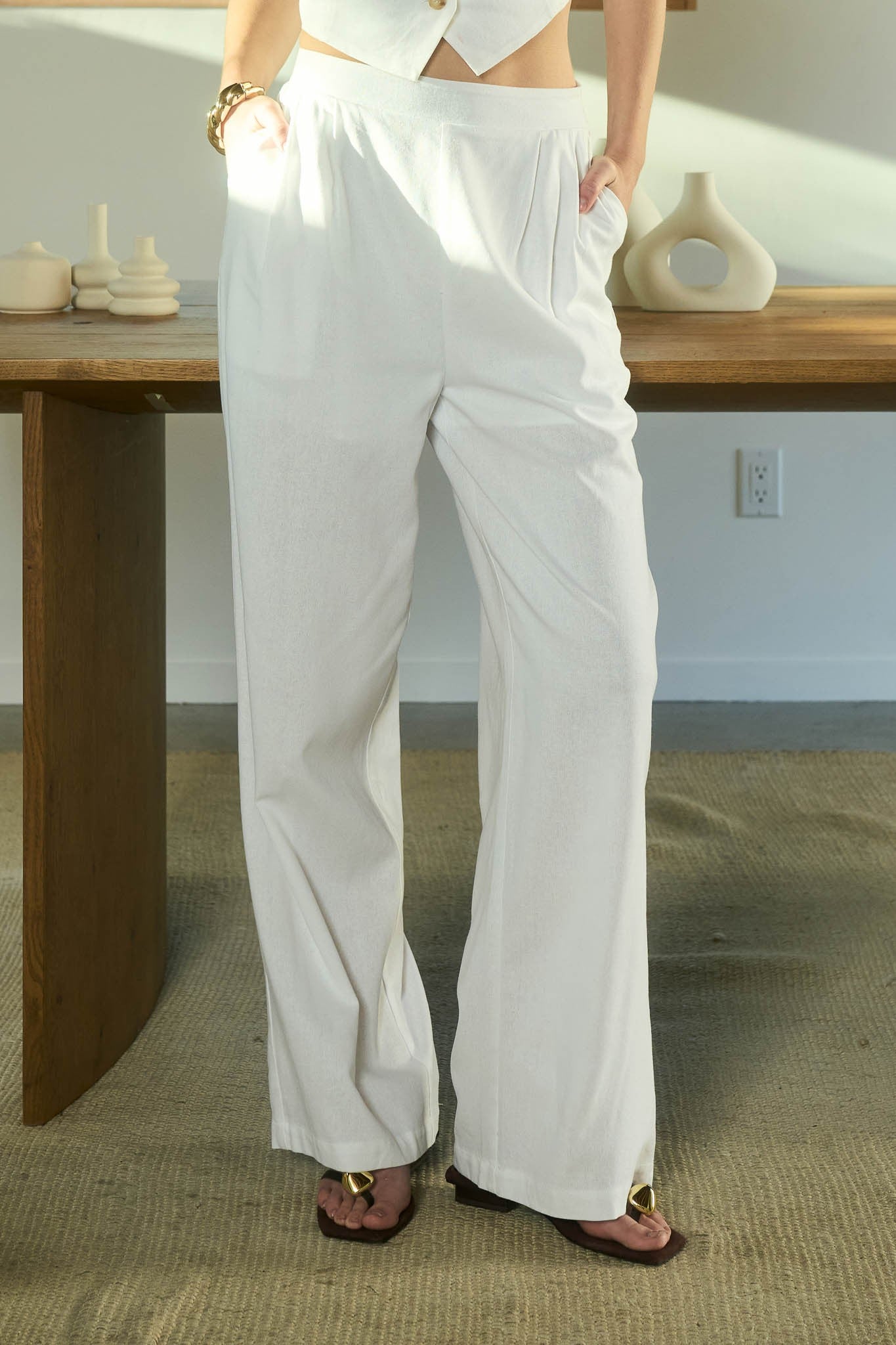 High Waist Front Pleat Linen Pants