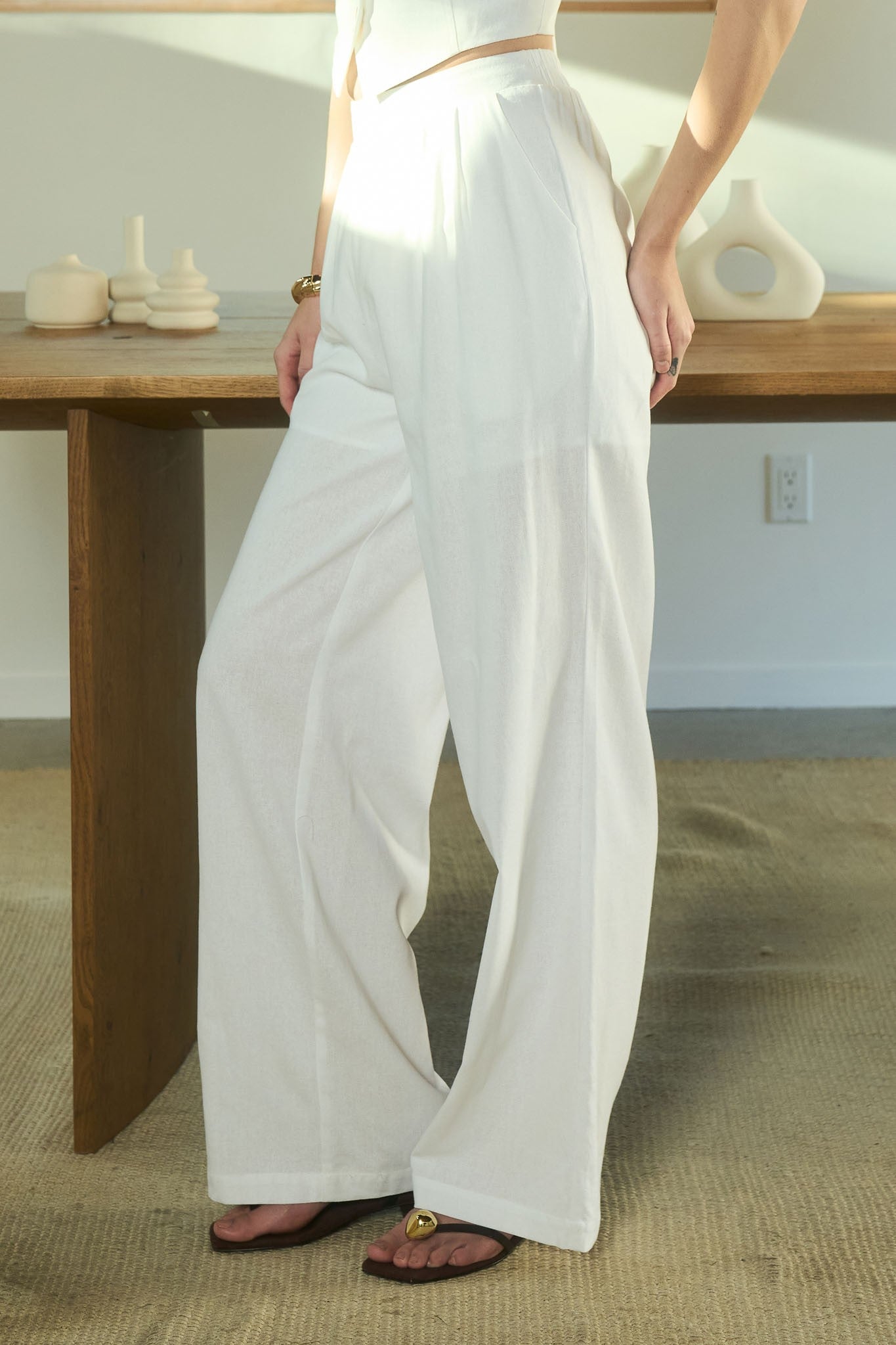 High Waist Front Pleat Linen Pants