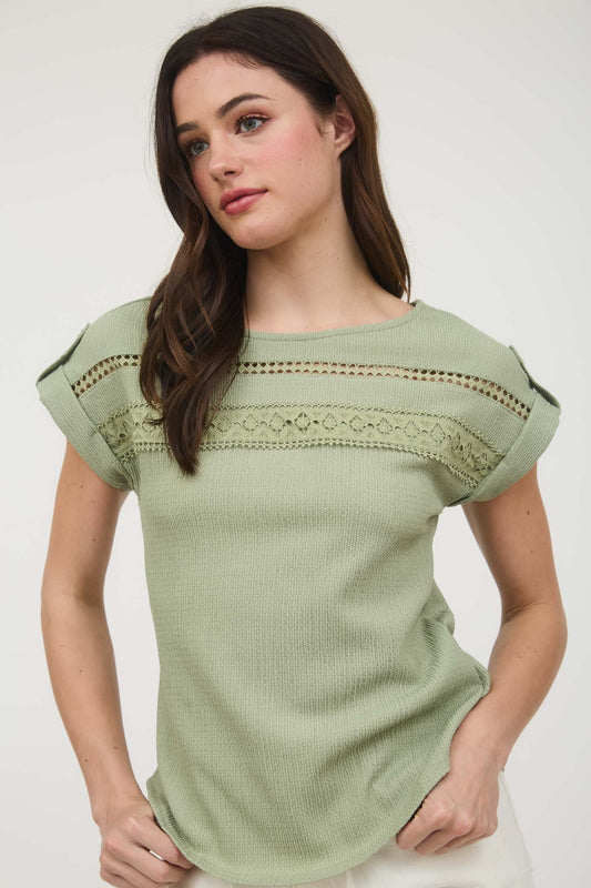 Short Tab Sleeve Lace Trim Crinkle Knit Blouse