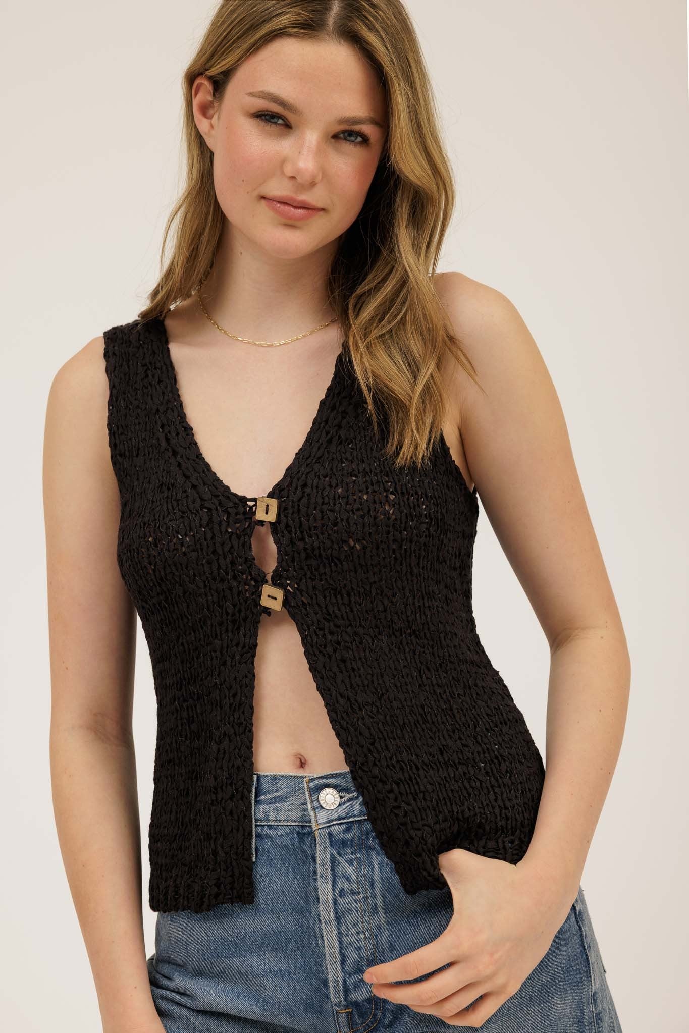 Square Button Front Split Neck Cardigan Vest