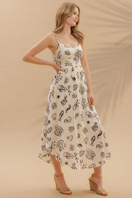 Doodle Print Shirred Waist Sleeveless Midi Dress