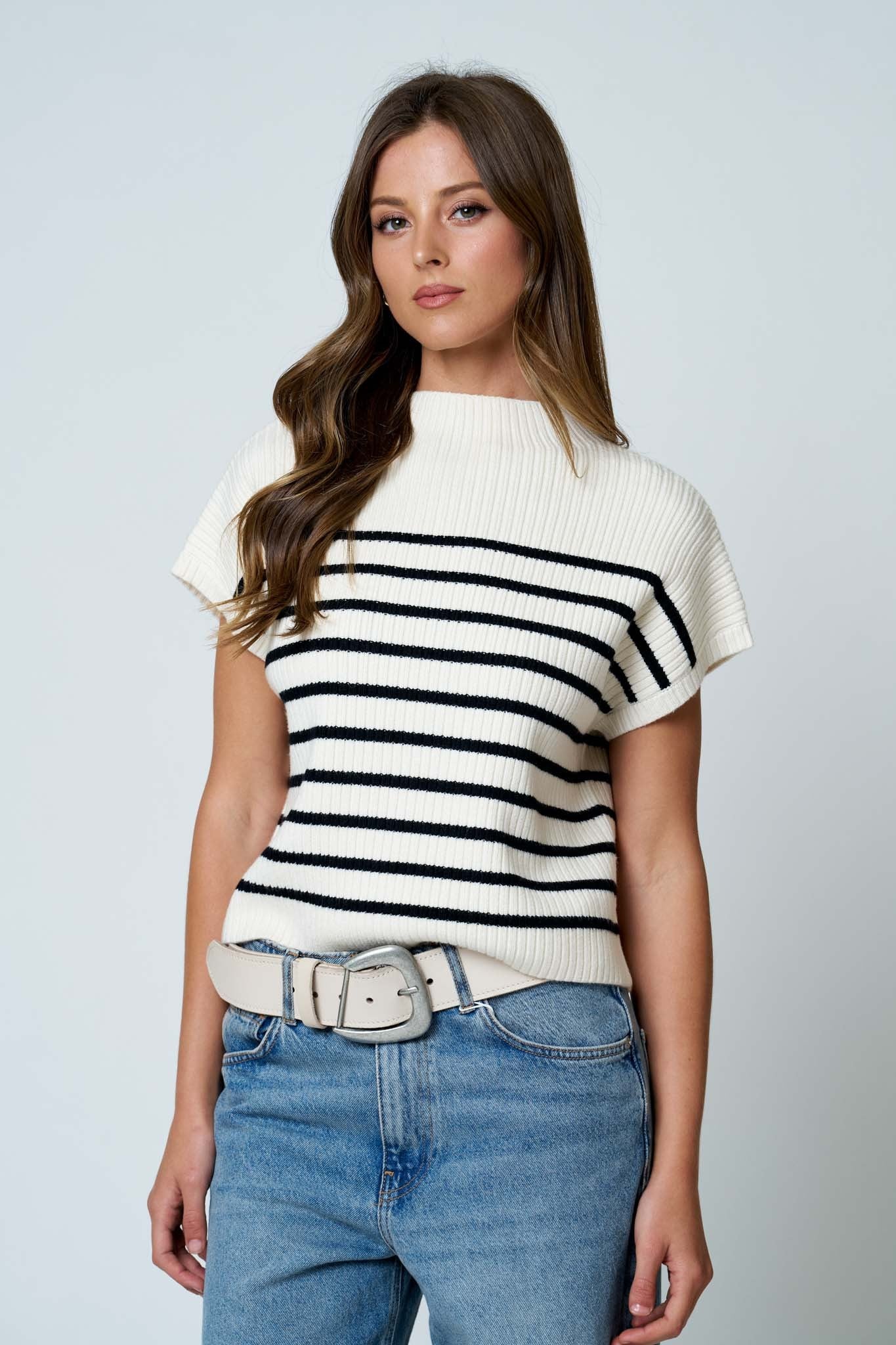 Stripe Mock Neck Knit Sweater