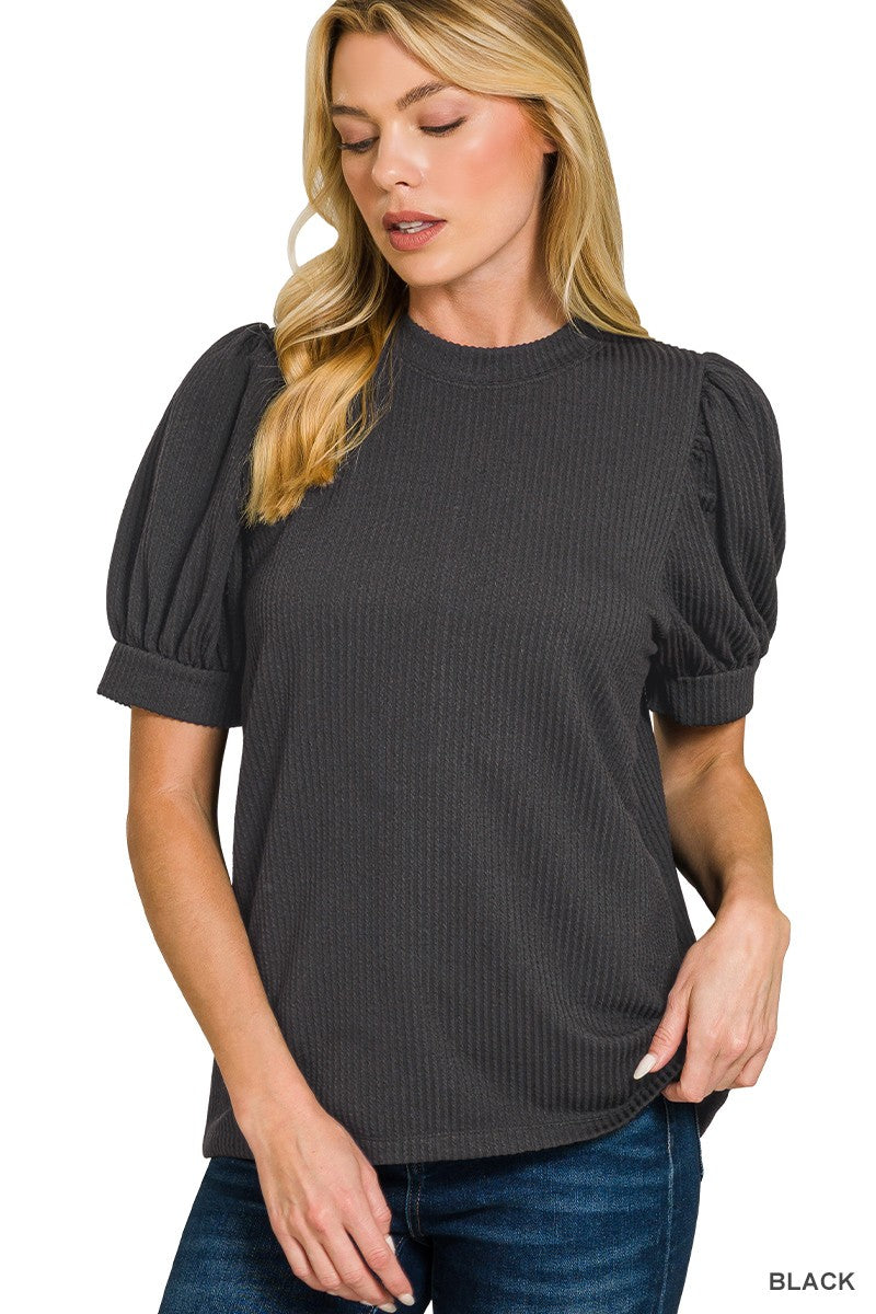 Rib Puff Sleeve Top