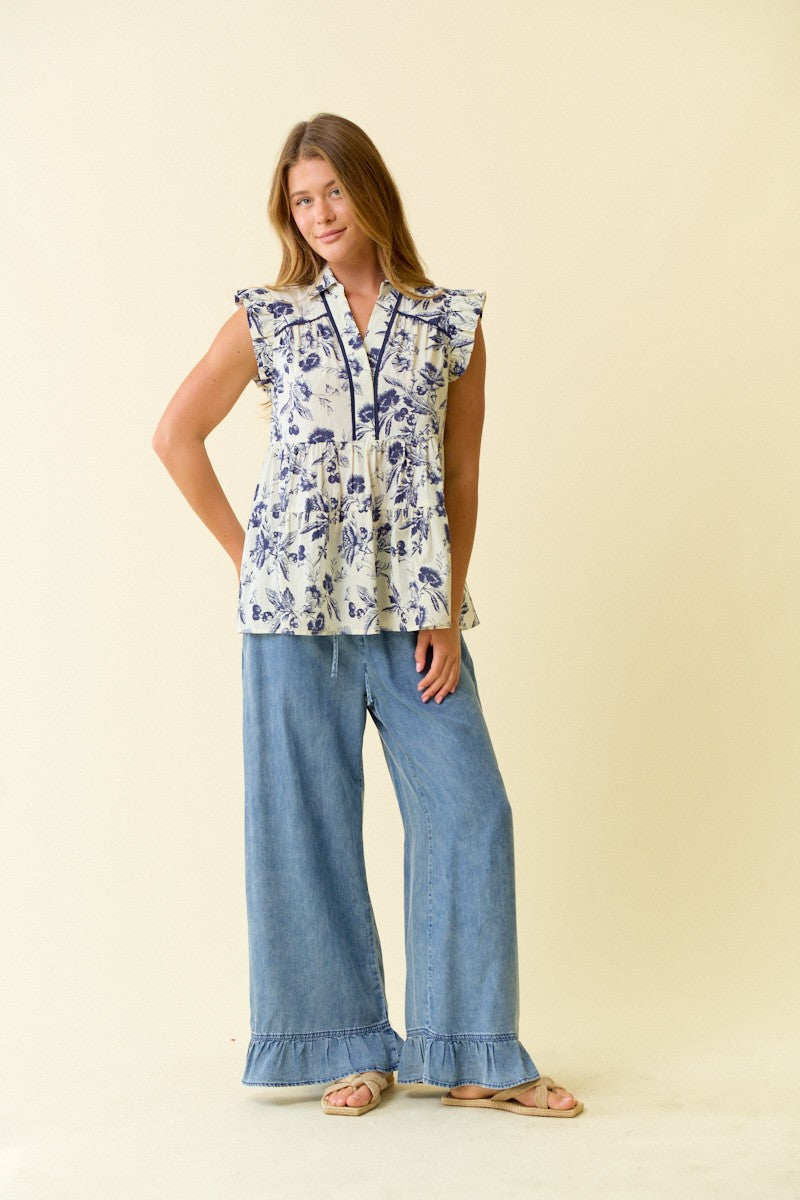 Denim Ruffle Bottom Wide Leg Pants