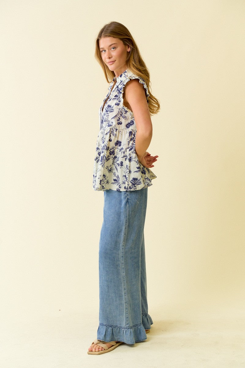 Denim Ruffle Bottom Wide Leg Pants
