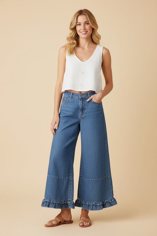 Ruffle Hem Cropped Denim Pants