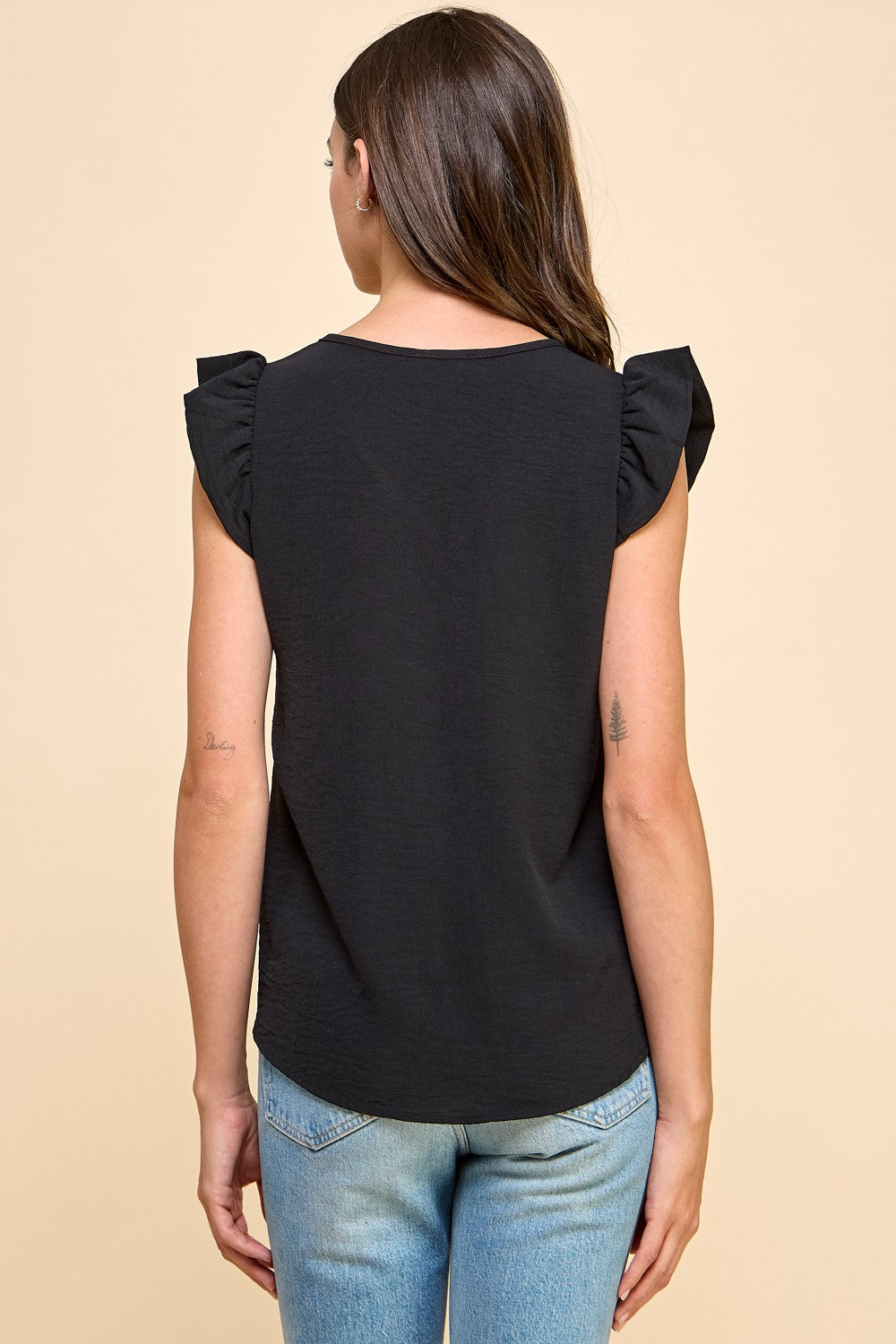 Solid V Neck Detail And Ruffled Sleeves top