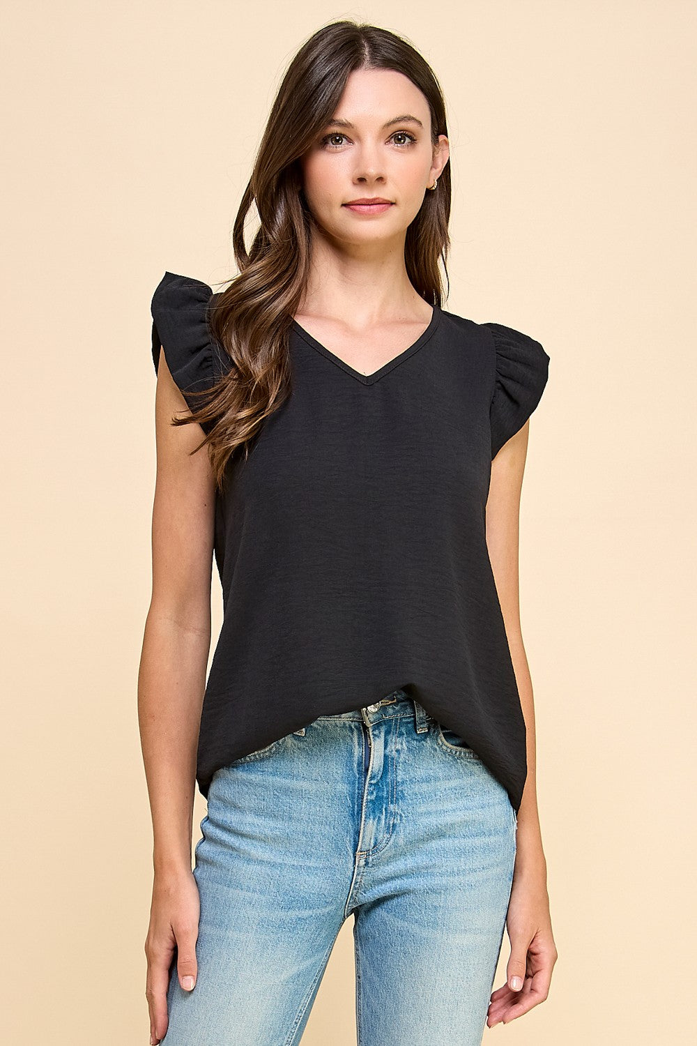 Solid V Neck Detail And Ruffled Sleeves top