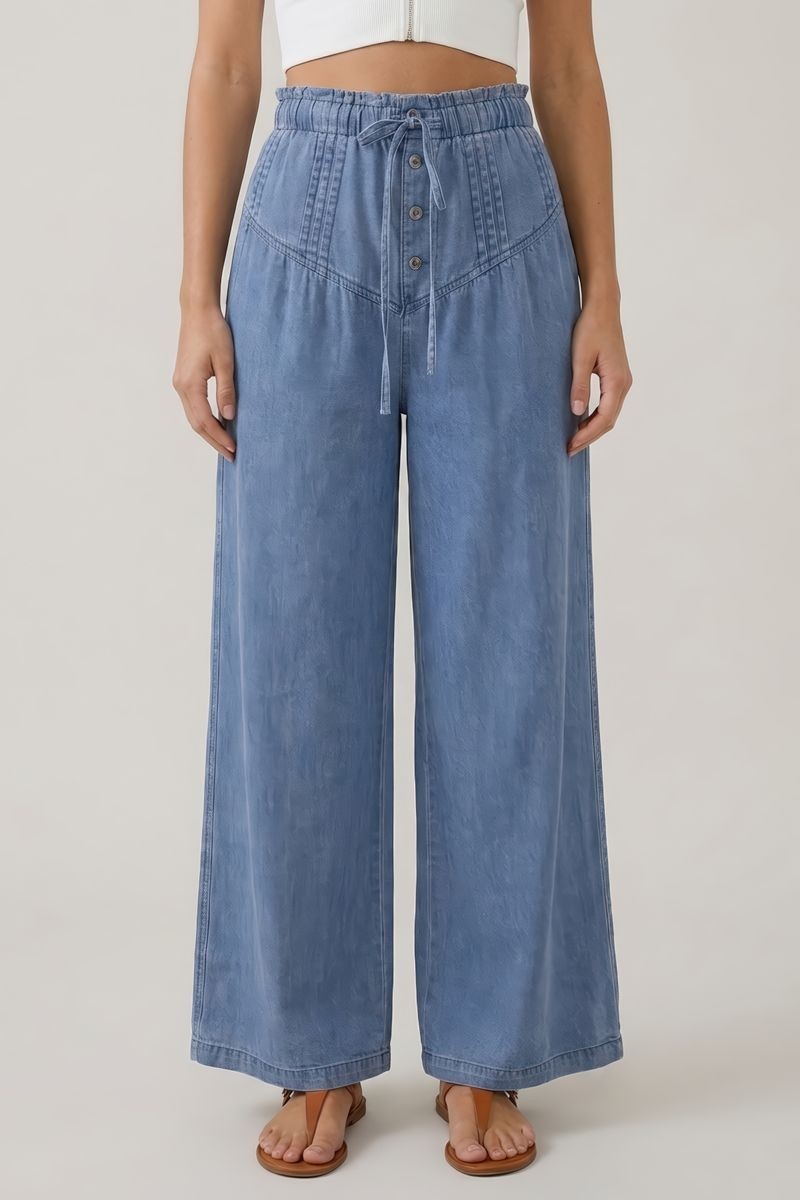 Denim Pleat Wide Leg Pants