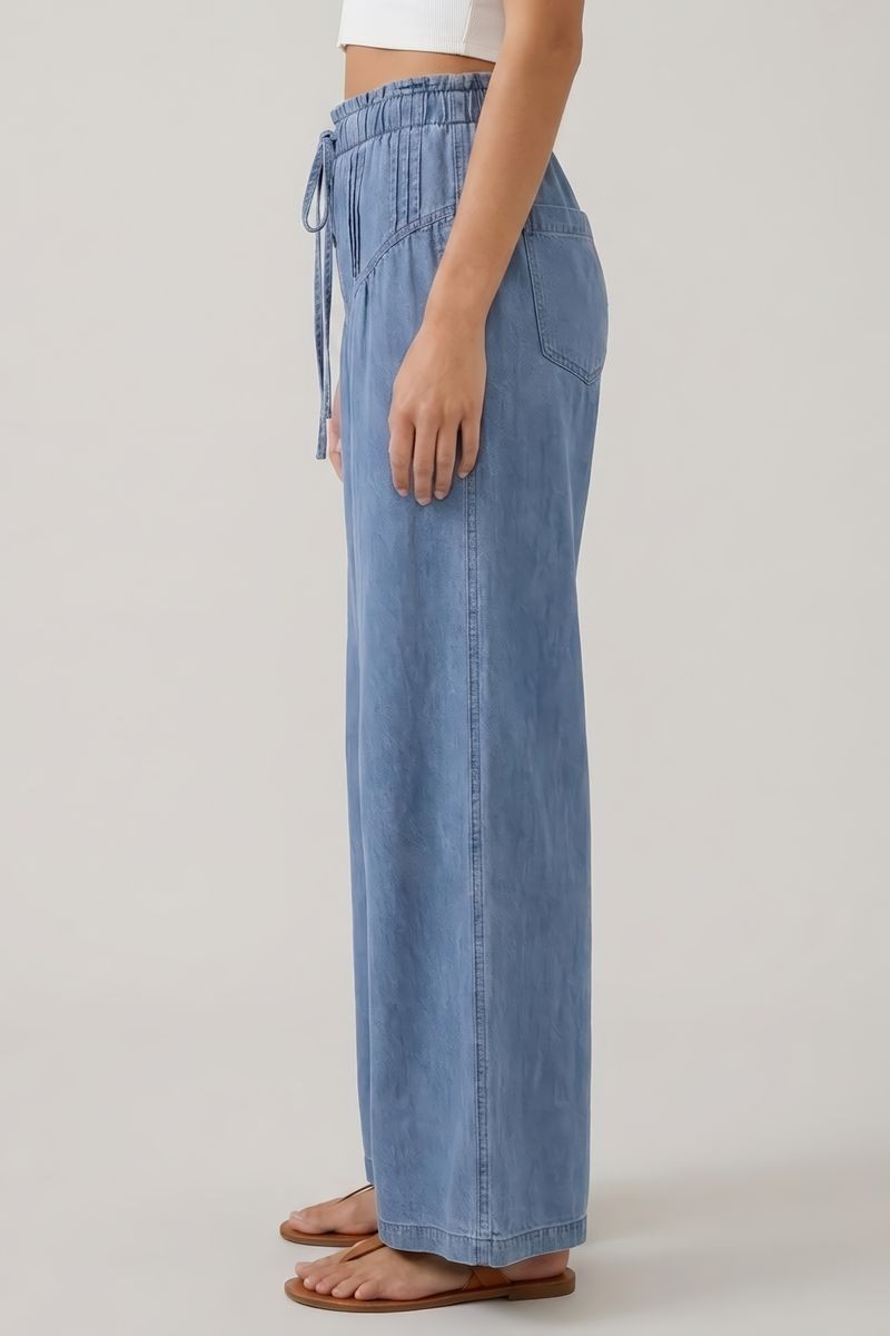 Pleated Denim Wide Leg Pants