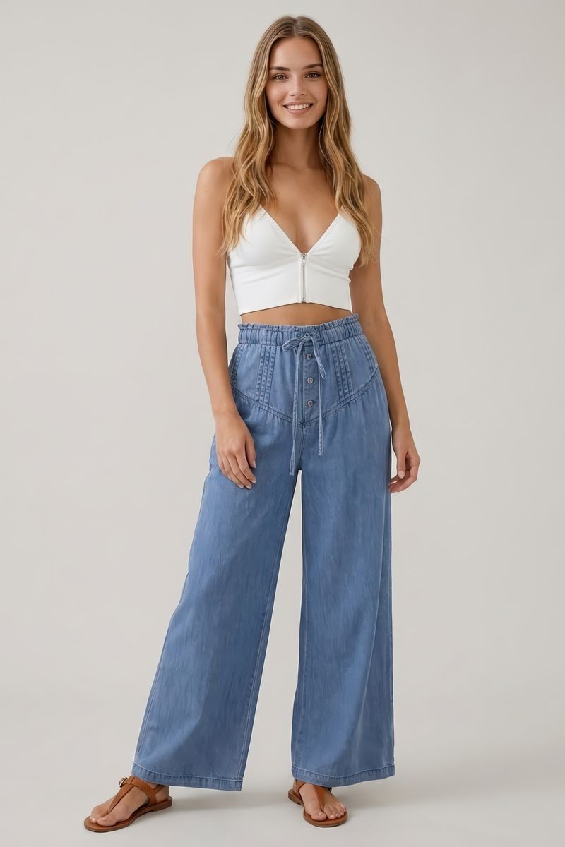 Pleated Denim Wide Leg Pants