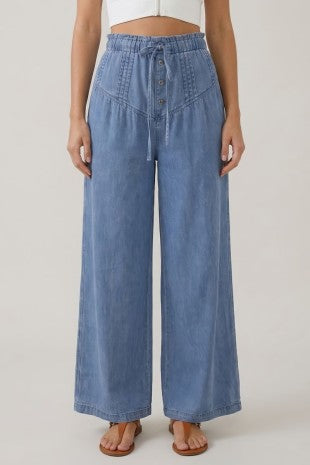 Pleated Denim Wide Leg Pants