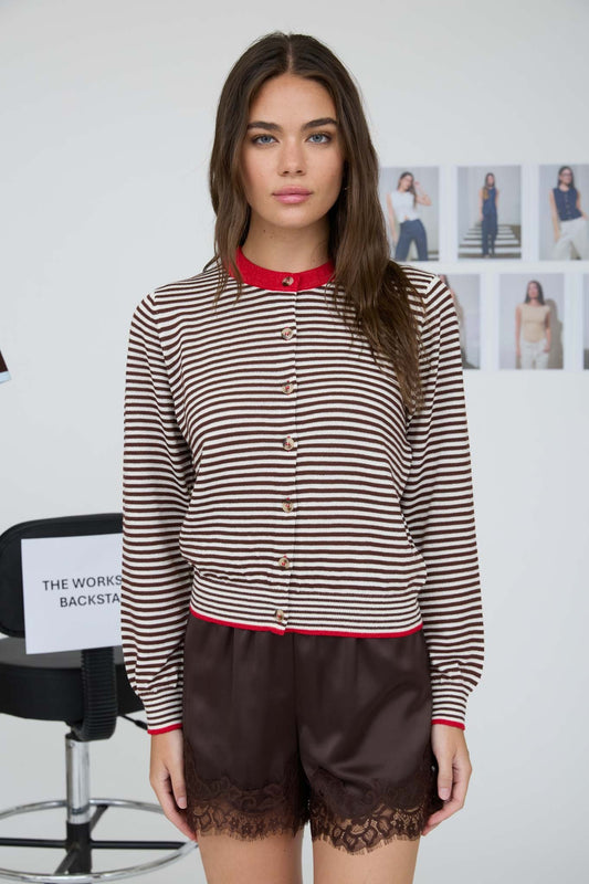 Stripe Contrast Trim Button Down Cardigan