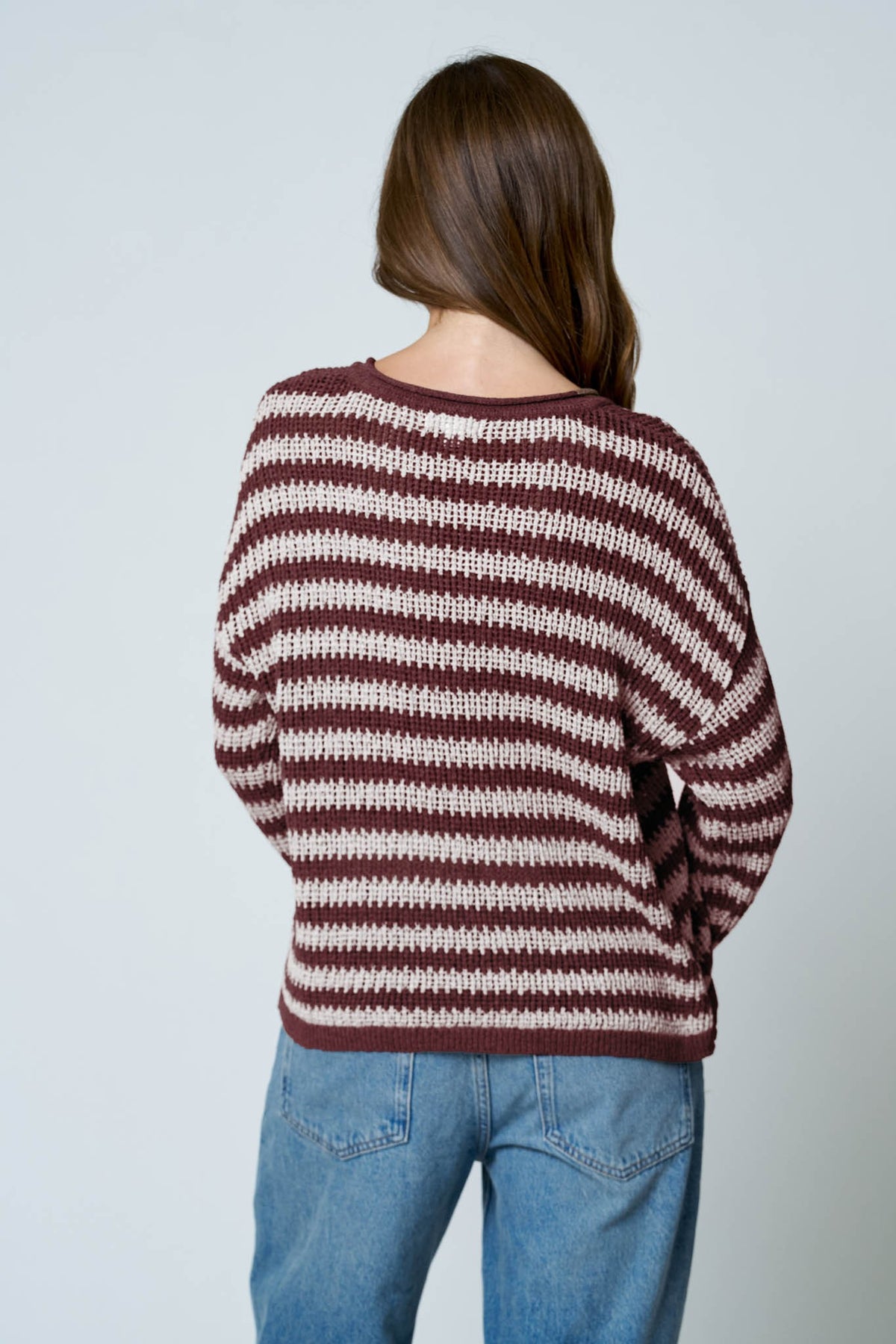 striped split neck knitted sweater