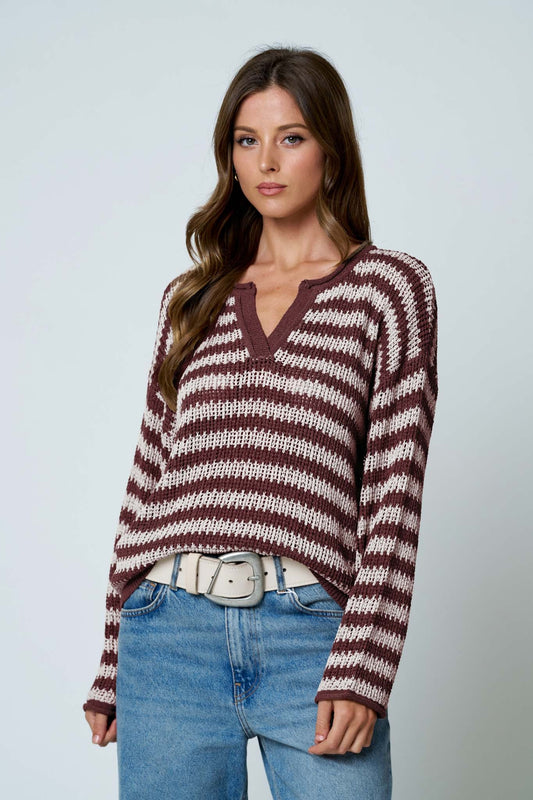 striped split neck knitted sweater